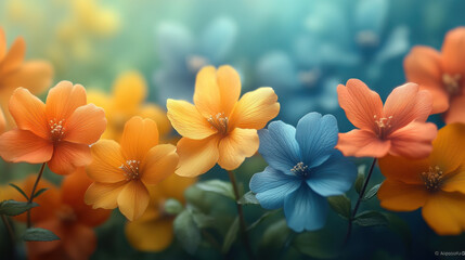 Obraz premium Vibrant flowers in shades of orange, yellow, and blue create stunning visual display, evoking feelings of joy and tranquility in lush garden setting