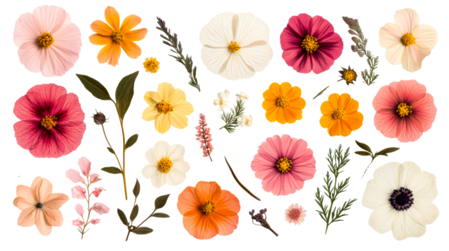 Floral arrangement of cosmos flowers on black background, cut out transparent