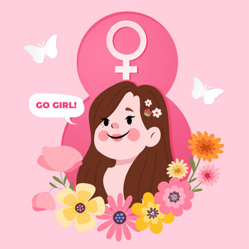 International Women's Day. woman face with flowers and wishing happy holiday. Vector illustration