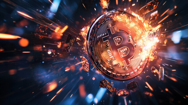 Dynamic and captivating digital representation of Bitcoin symbol, surrounded by explosive effects and vibrant colors, illustrating energy and excitement of cryptocurrency