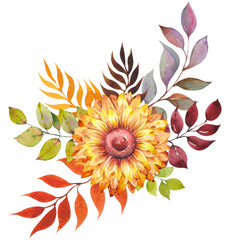 Colorful arrangement of sunflower and decorative leaves. Watercolor illustration isolated clipart.