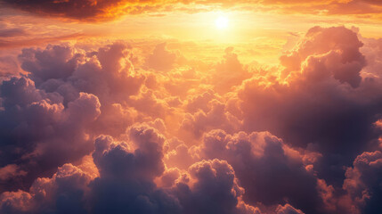 Fototapeta premium breathtaking view of vibrant sunset illuminating fluffy clouds, creating serene and ethereal atmosphere. warm colors blend beautifully, evoking sense of peace and wonder