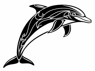 Naklejka premium Jumping dolphin silhouette with smooth curves and aquatic motion in black and white vector art