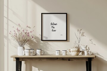 Motivational print on a wall, featuring inspirational words and nature-inspired details.  Wooden console table with white mugs and decorative vases with flowers.  Simple, calming aesthetic