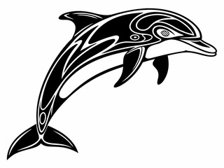 Naklejka premium Jumping dolphin silhouette with smooth curves and aquatic motion in black and white vector art
