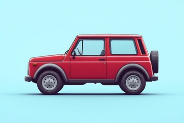 A red off road vehicle depicted on a light blue background