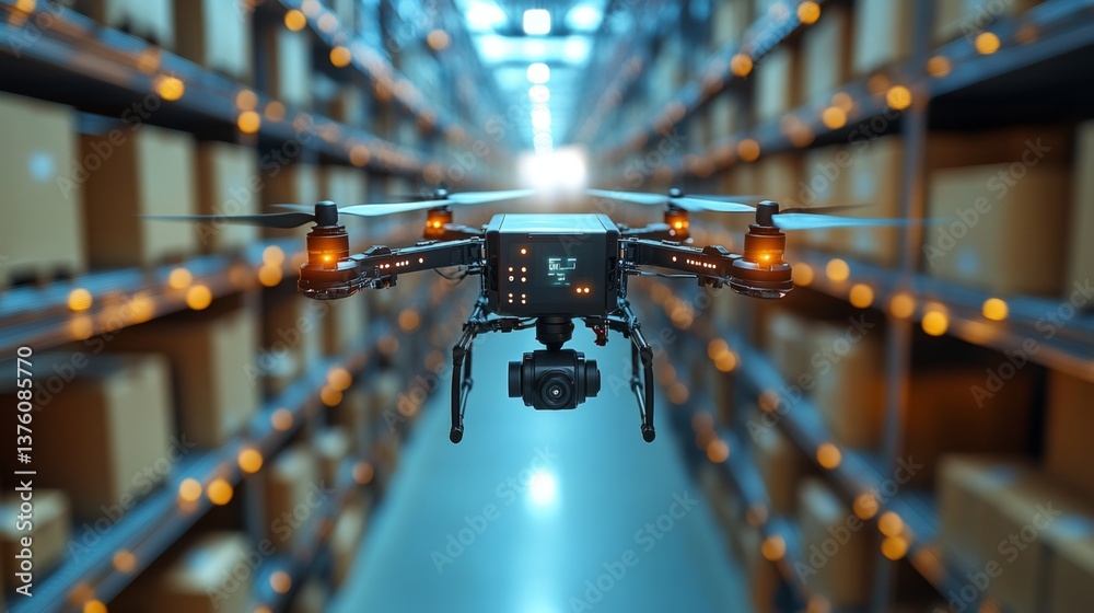 Aufkleber a drone is flying through a warehouse lined with storage shelves filled with boxes, showcasing advan