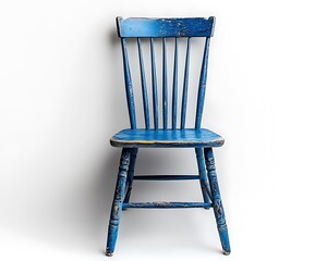 A vintage blue wooden chair stands against a plain white background