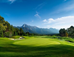 Naklejka premium Golf course with mountain and blue sky background.
