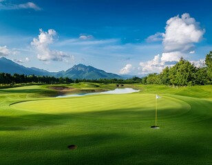 Golf course with mountain and blue sky background.