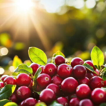Fresh cranberries glisten sunlight, surrounded by vibrant green leaves, creating beautiful and inviting scene of nature bounty. warm light enhances rich colors, evoking sense of joy and abundance