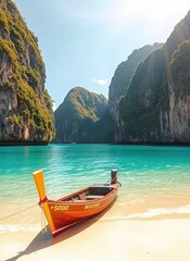 Obraz premium Serene Beach Retreat - Bamboo Boat on a Hidden Paradise