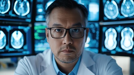 Medical professional analyzing mri scans in high-tech radiology room healthcare facility close-up view science