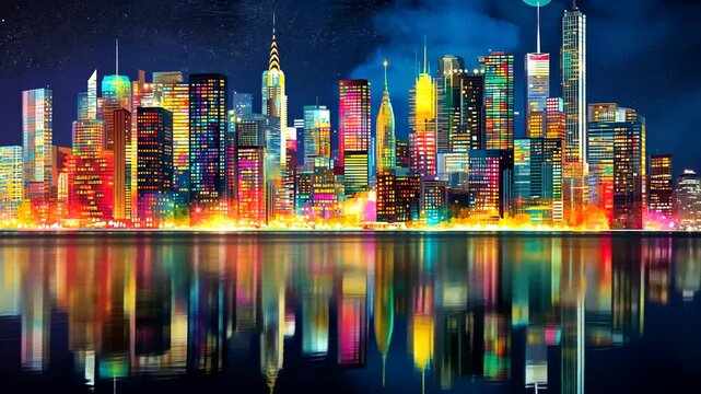 Vibrant city skyline at night with colorful reflections illuminating the water surface