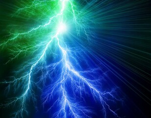 Green and blue lightning strike, electrical background 