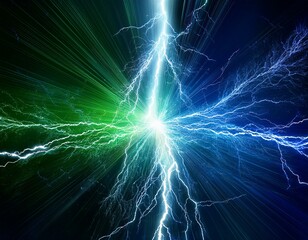 Green and blue lightning strike, electrical background 