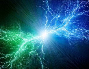 Green and blue lightning strike, electrical background 