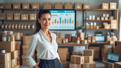 A confident woman stands in an organized warehouse surrounded by boxes and inventory. She monitors performance metrics displayed on a screen, ensuring smooth operations