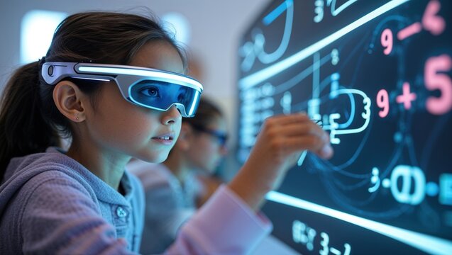 A girl wearing smart glasses interacts with a digital interface displaying numbers and equations, showing enthusiasm for learning. She is in a modern classroom designed for STEM education activities