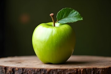 Green apple on rustic wooden board. Organic fruit background