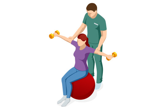 Isometric vector illustration depicting female patient on fitness ball performing strength rehabilitation exercises with dumbbells, guided by therapist.