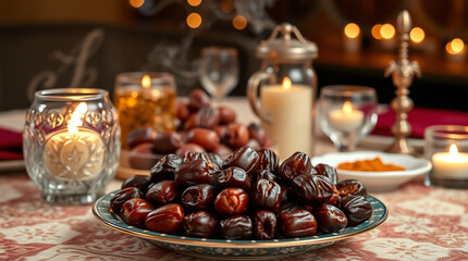 A captivating table setting with dates and candles, inviting warmth and cultural appreciation. The scene is bathed in soft light, creating a cozy and inviting ambiance. 