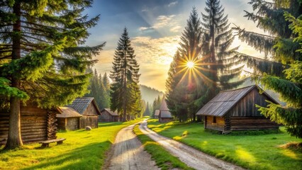 Obraz premium Serene Sunrise Illuminates Picturesque Rustic Village Nestled Amongst Evergreen Trees on a Winding Country Road