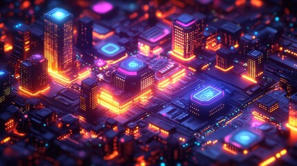 A vibrant, futuristic cityscape illuminated at night, showcasing glowing buildings and technology