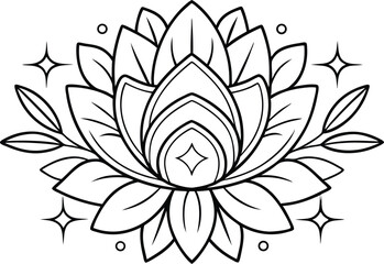 Isolated Lotus Flower Line Art with Leaves, Circles, and Stars on White Backdrop
