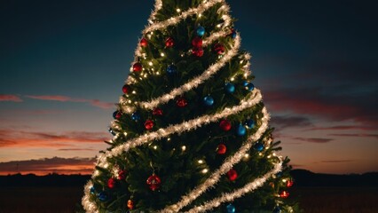 Christmas tree with lights and ornaments against a sunset background outdoors