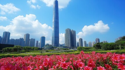 Skyscraper cityscape with vibrant pink flowers in foreground under a bright blue sky.
