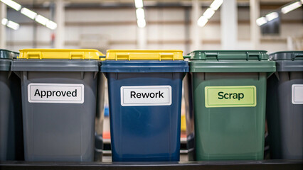 Efficient waste management is essential for quality control in production environments. These bins are labeled for sorting materials effectively