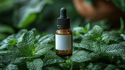 close up view of 30 ml amber bottle surrounded by fresh mint leaves, conveying sense of natural freshness and vitality. bottle features blank label, perfect for customization