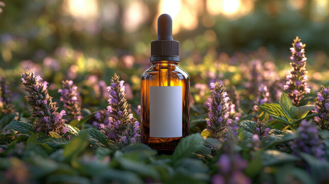 close up photorealistic view of 30 ml amber bottle surrounded by vibrant purple flowers and lush green foliage, evoking sense of tranquility and natural beauty