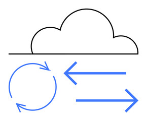 Minimalist cloud icon with circular arrows and directional lines indicating data exchange. Ideal for technology, network, communication, cloud storage, data transfer, synchronization, process