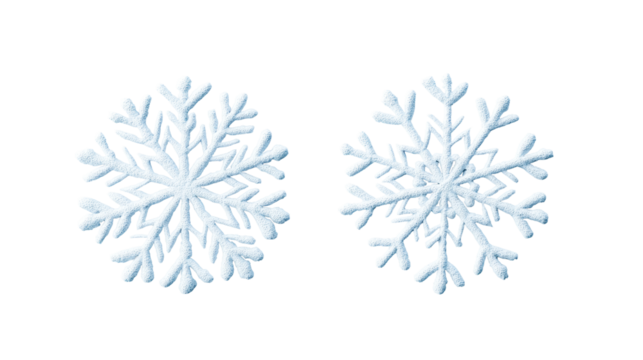 Two intricately designed snowflakes on black background , cut out transparent