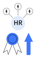 HR hub connecting individuals, award ribbon for recognition, and upward arrow reflecting growth. Ideal for human resources, leadership, team management, success, workforce engagement, career