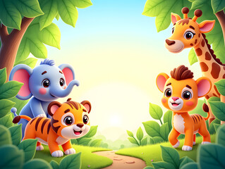 World Wildlife Conservation Day illustration, children's illustration scene illustration of wild animals in the jungle © lin