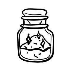 magic powder in a closed jar in doodle style. It is suitable for projects in the genre of fantasy and magic. It can be used in books, games, to create an atmosphere of mystical potions and alchemy.