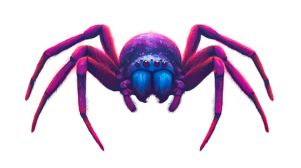 Colorful spider with eight eyes and hairy legs on black background, cut out transparent