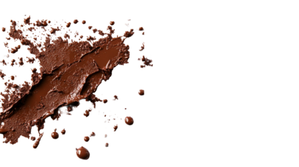 Chocolate splash with small pieces on black background, cut out transparent