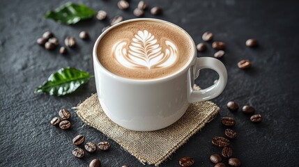 Creamy cappuccino art on a burlap coaster with scattering of coffee beans