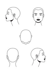 Isolated black and white female heads in different projections. Hair growth lines