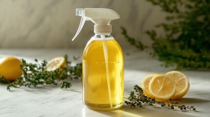 Natural Lemon Thyme Cleaning Spray in Glass Bottle on Marble
