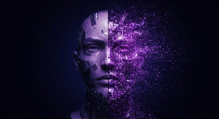 Futuristic cyborg transformation into digital particles in a dark space