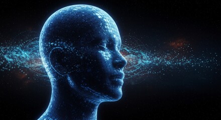 Futuristic artificial intelligence concept with digital human head in cyberspace