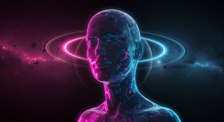 Futuristic neon cyberpunk artificial intelligence in space for sci-fi themes and digital art