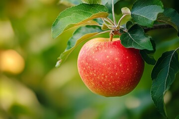 Ripe red apple hanging on a branch, surrounded by green leaves, in an orchard, ready for harvest