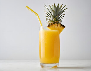Pineapple juice in a glass with a straw isolated on a white background, a glass of delicious pineapple juice.