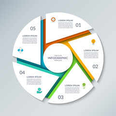 Vector infographic circle. Cycle diagram with 5 steps. Round chart that can be used for reports, business analytics, educational resources, marketing materials, visualizing data, presentations.